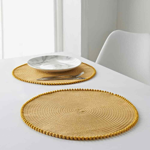 (Set of 8, Ochre) Set Of 4/8 Table Place Mats Blush Pink Grey Ochre Yellow Round Pom Pom Placemats