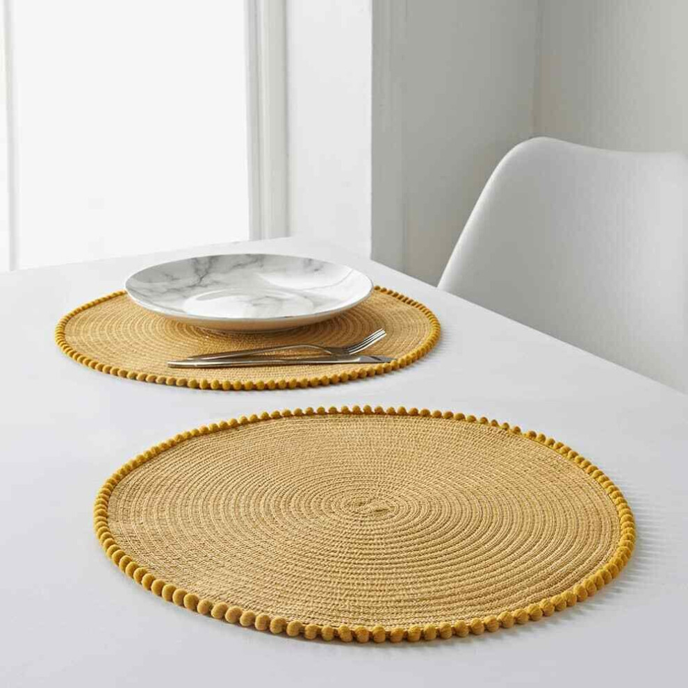 (Set of 8, Ochre) Set Of 4/8 Table Place Mats Blush Pink Grey Ochre Yellow Round Pom Pom Placemats