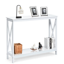 2-Tier Console Table X-design Wooden Desk Side Table w/ Shelf White