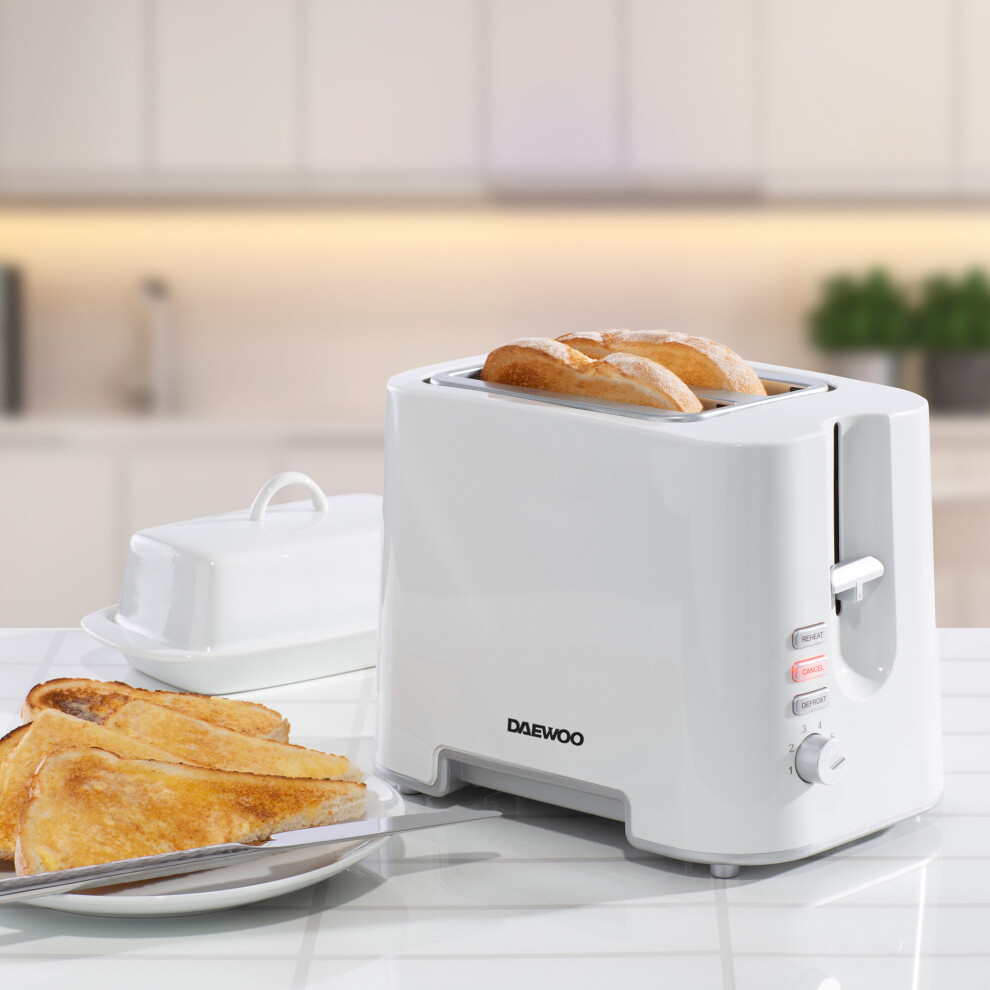 (White) Daewoo 2 Slice Toaster Defrost Reheat Function Easy Clean 870W