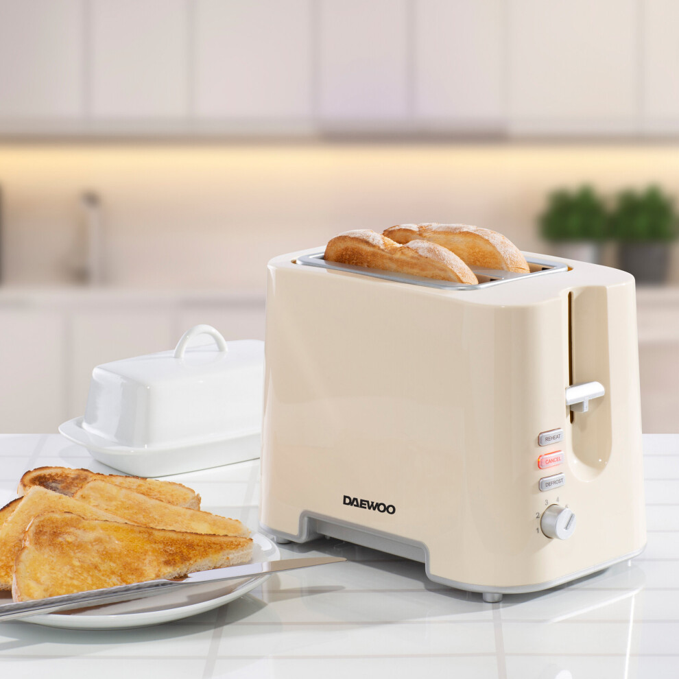 (Cream) Daewoo 2 Slice Toaster Defrost Reheat Function Easy Clean 870W