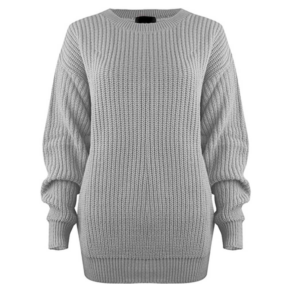 (Silver, UK 12-14) New Ladies Women's Chunky Thick Baggy Jumper Knitted Sweater Over-Sized UK Size 8-18