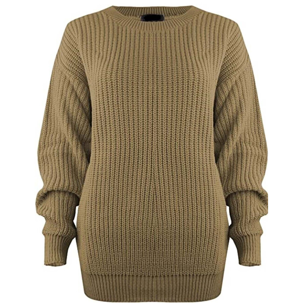 (Stone, UK 16-18) New Ladies Women's Chunky Thick Baggy Jumper Knitted Sweater Over-Sized UK Size 8-18