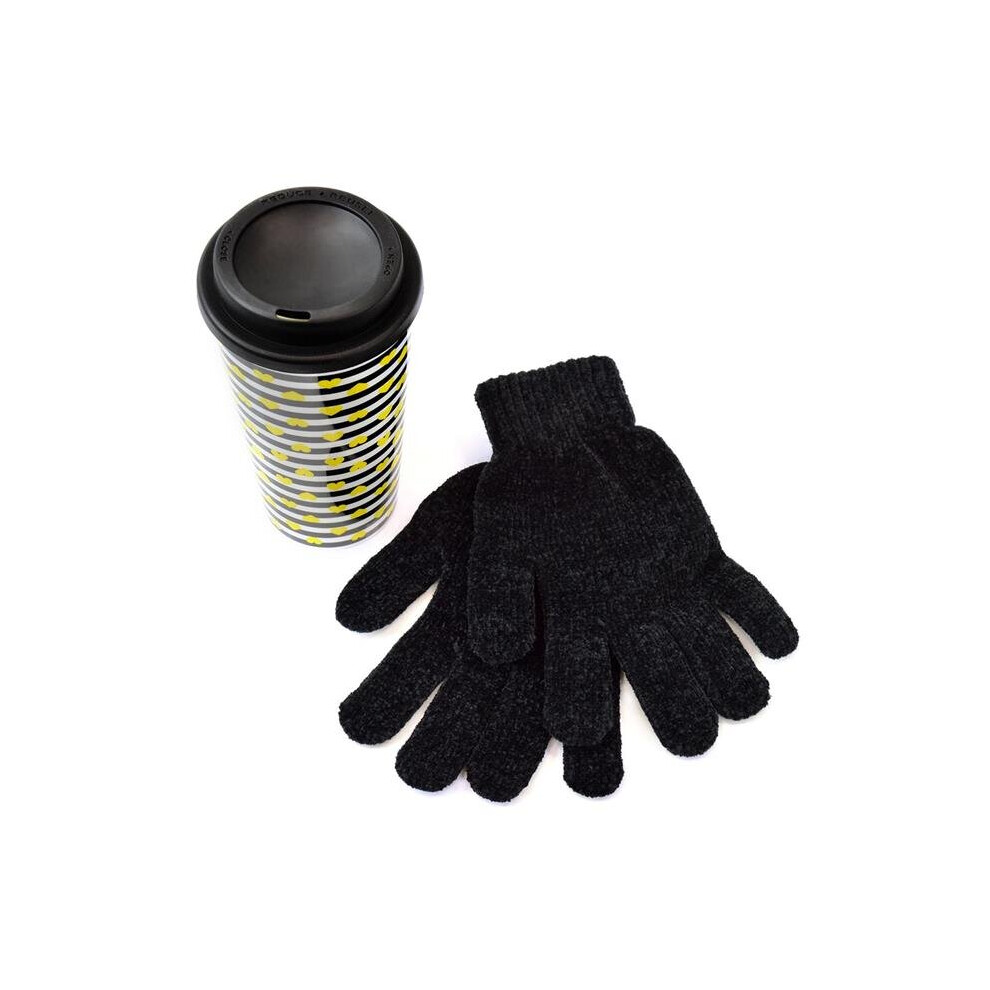 (Black/White) Patterned Travel Mug and Chenille Gloves Gift Set Christmas Party Gift Set