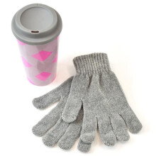(Pink/Grey) Patterned Travel Mug and Chenille Gloves Gift Set Christmas Party Gift Set