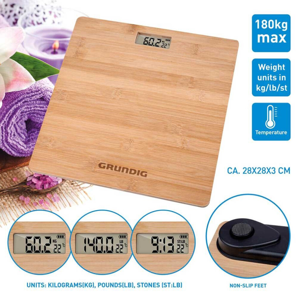 Grundig Wooden Bamboo Digital Body Bathroom Scale Weighing Analyser Lcd Monitor 180Kg Lb