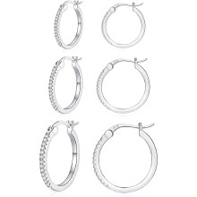 3 Pairs Hypoallergenic Sterling Silver Hoop Earrings Cubic Zirconia