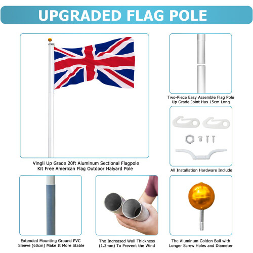 7.5M 25FT UK Flags Aluminium Pole Set Telescopic w/Gold Ball,Flagpole 2
