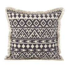 SARO  Aztec Tribal Design Fringe Trim Cotton Down Filled Throw Pillow - Grey