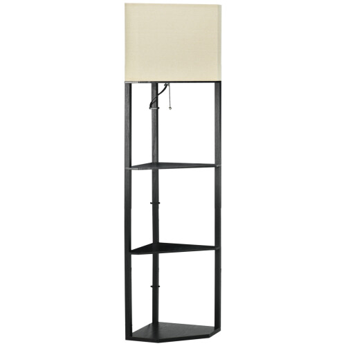 HOMCOM Corner Floor Lamp with Shelves - Triangular 3-Tier Storage, Pull-Chain Top Light, Black (B31-315V70)