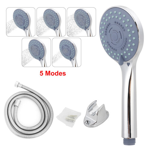 Shower Head Set Universal Chrome Multi Function with 5 Spray Modes, Anti-Limescale ABS, 1.5m Stainless Steel Hose & Wall Bracket