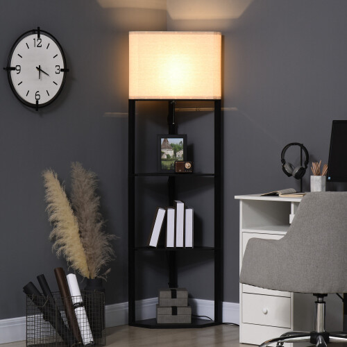 Homcom HOMCOM Corner Floor Lamp with Shelves - Triangular 3-Tier Storage, Pull-Chain Top Light, Black (B31-315V70) 2