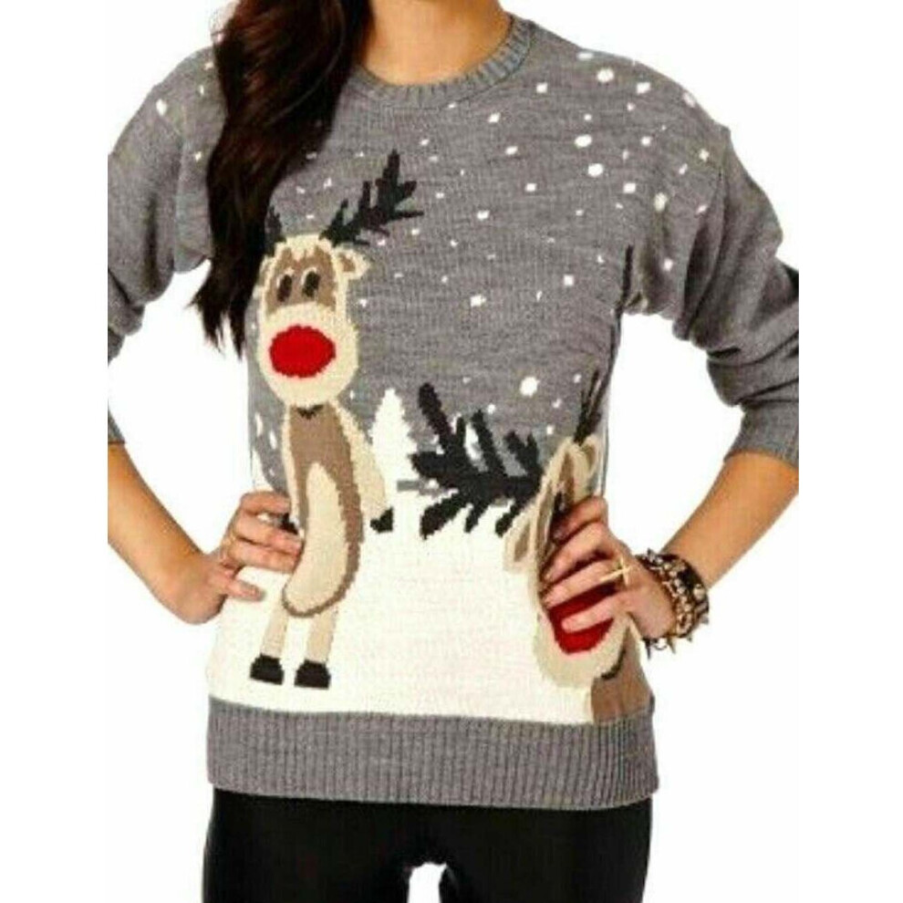 (Grey, ML  (UK 12-14)) Women's Ladies Twin Reeinder Christmas Jumper Xmas Knitted Sweatshirt Uk 8-22