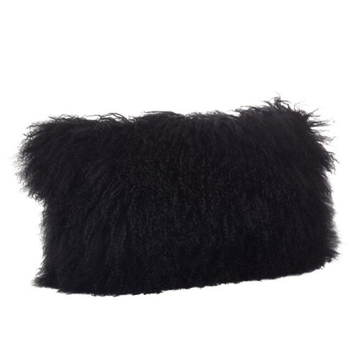 SARO  12 x 20 in. Wool Mongolian Lamb Fur Throw Pillow  Black