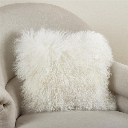 SARO  20 in. Square Wool Mongolian Lamb Fur Throw Pillow  Ivory