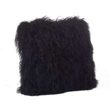SARO 16 in. Square Wool Mongolian Lamb Fur Throw Pillow Black