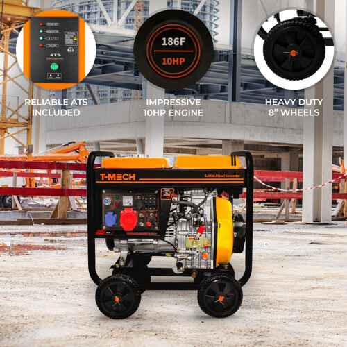 T-Mech Portable Diesel Generator Open Frame ATS Electric Start 5kVA Three Phase 10HP 1