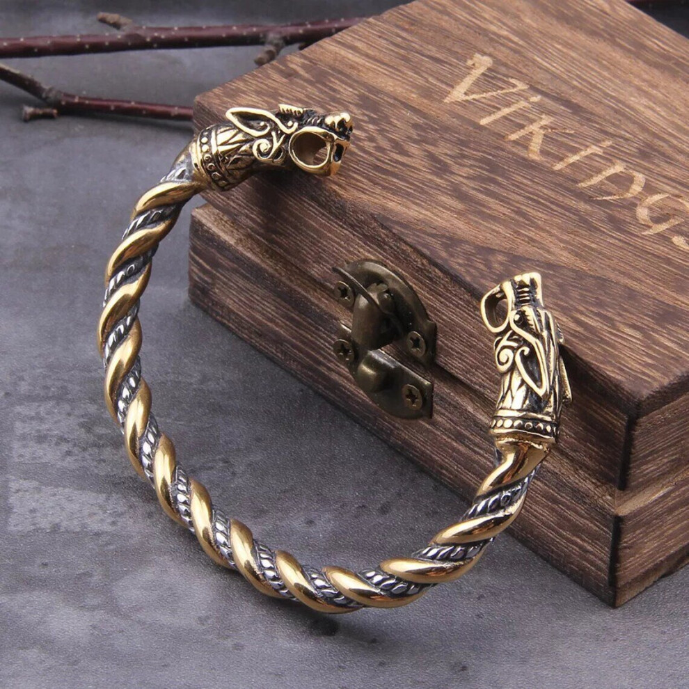 (Gold with silver) Odin Norse Viking Bracelet - Fashion Gothic Real Stainless Steel Jewellery - Celtic Style Jewellery