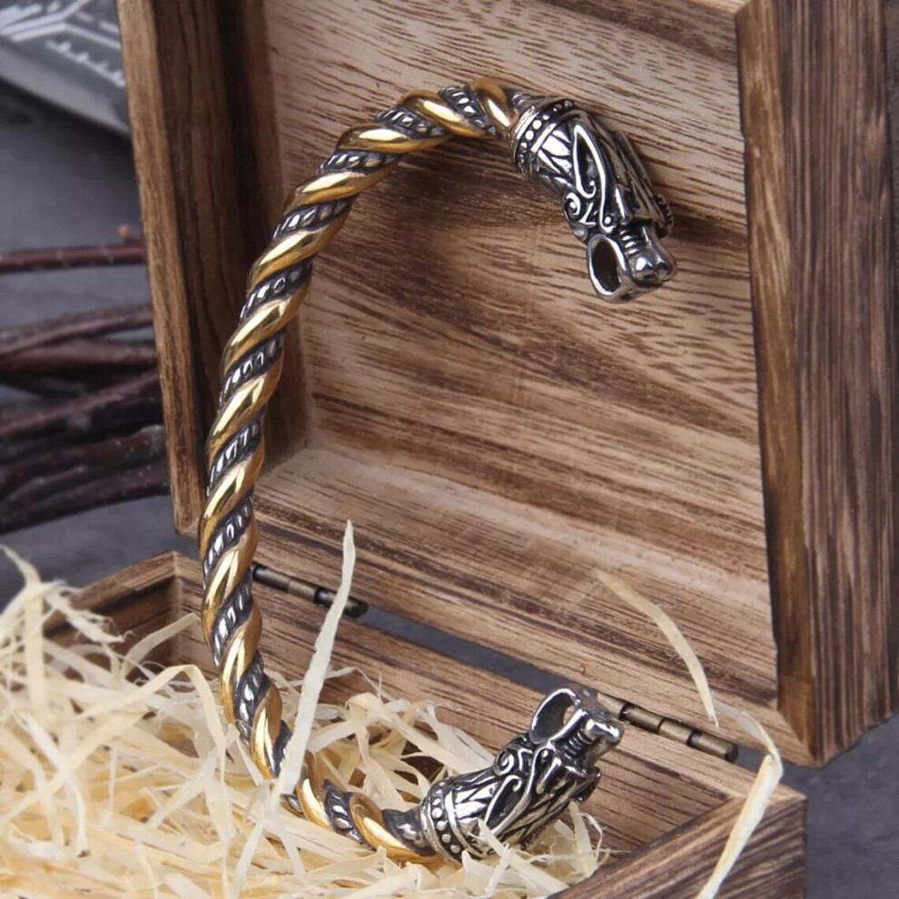 (Silver with Gold) Odin Norse Viking Bracelet - Fashion Gothic Real Stainless Steel Jewellery - Celtic Style Jewellery