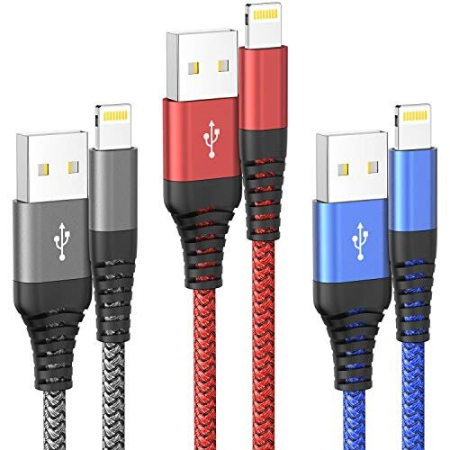 3-Pack iPhone Lightning Cables, Braided 6ft/1.8m, 2.4A Fast Charge & Sync, Durable SR Joint, Tangle-Free