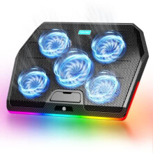 TECKNET RGB Gaming Laptop Cooling Pad with 5 Quiet Fans, 15 Lighting Modes, USB Powered, 3-Height Stand, Fits 12–19-Inch Laptops
