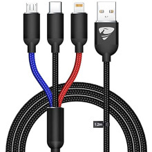 Multi Charger Cable 3 in 1 Charging Cable [1.2M] Multiple USB Cable Nylon Multi Lead with iP Micro USB Type C Connector for iPhone 11 12 XR 10,