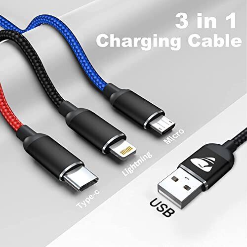 Multi Charger Cable 3 in 1 Charging Cable [1.2M] Multiple USB Cable Nylon Multi Lead with iP Micro USB Type C Connector for iPhone 11 12 XR 10, 1
