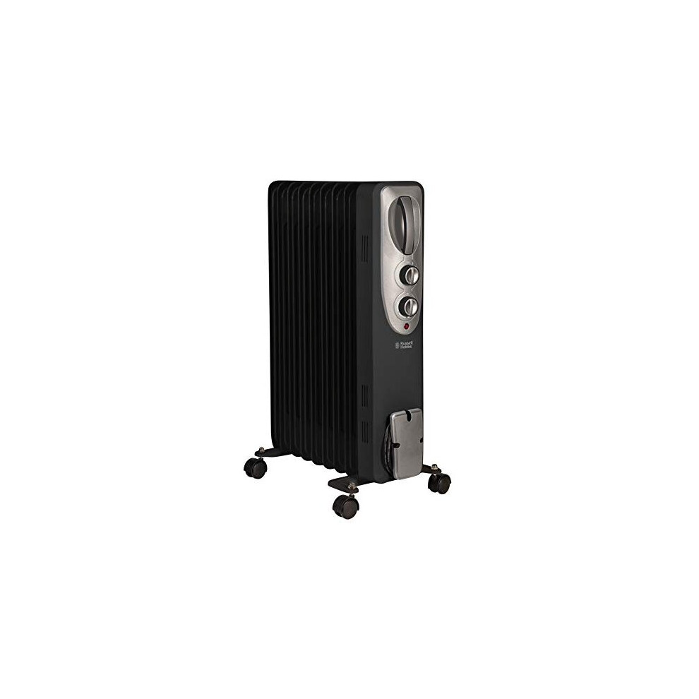 Russell Hobbs 2000W/2Kw Oil Filled Radiator, 9 Fin Portable Electric Heater - Black, Adjustable Thermostat With 3 Heat Settings, Safety Cut-Off, 20 M