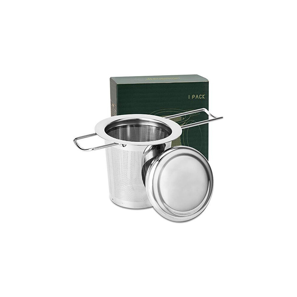 HAUSPROFI Tea Infuser, 304 Stainless Steel Tea Strainer with Lid and Foldable Handle, Tea Filter for Teapots Cups Mugs to Brewing Steeping Loose Leaf,