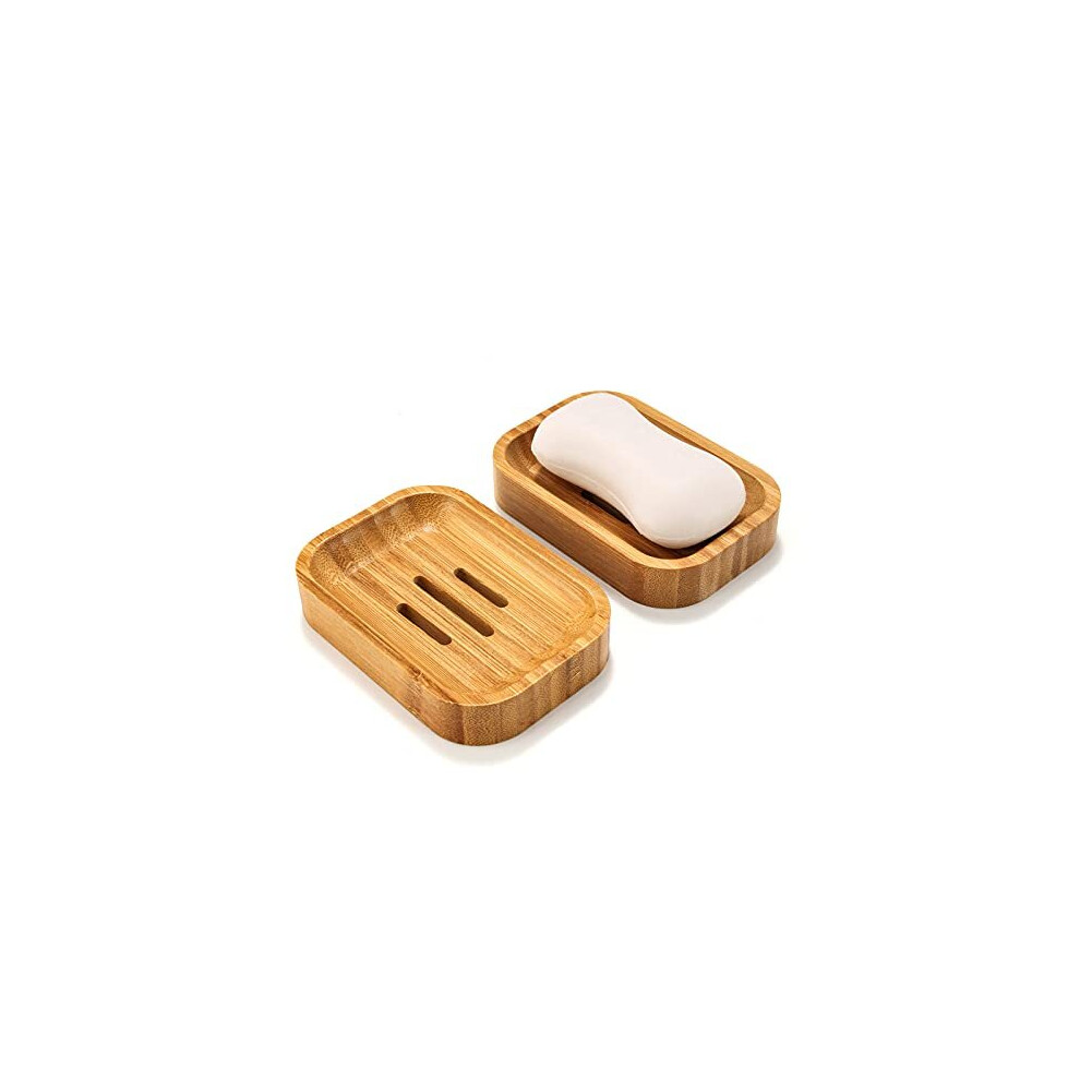 GUANJUNE Pack of 2 Natural Wood Bamboo Soap Dish Holder for Bathroom Kitchen Sponges Accessories Storage