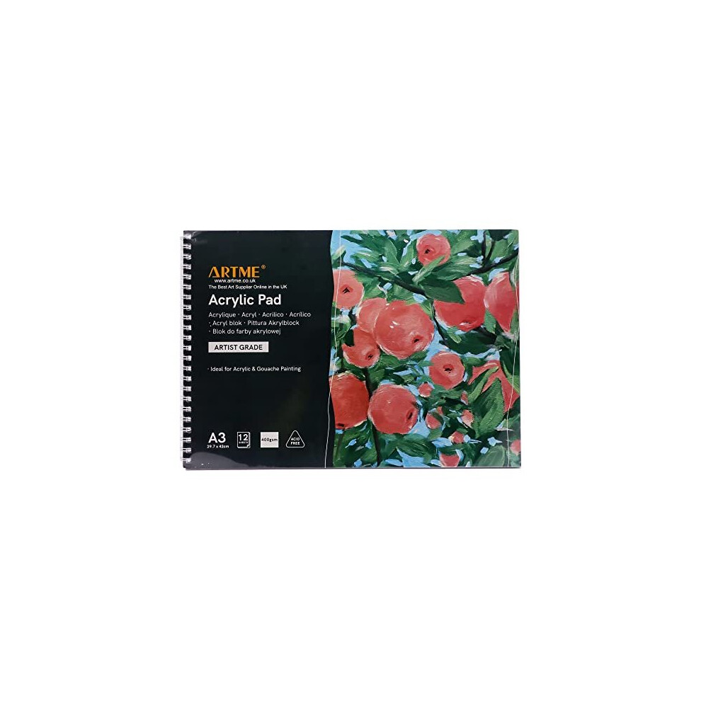 ARTME A3 Acrylic Pad x 12 Sheets/ 400gsm Extra Heavyweight/Cold Pressed/Acid Free for A Variety of Wet and Dry Media – Premium Quality Drawing Pad
