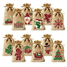 VEYLIN Christmas Hessian Bags, 12 Xmas Burlap Jute Gift Bag with Drawstring for Christmas Party Advent Calendar Decoration
