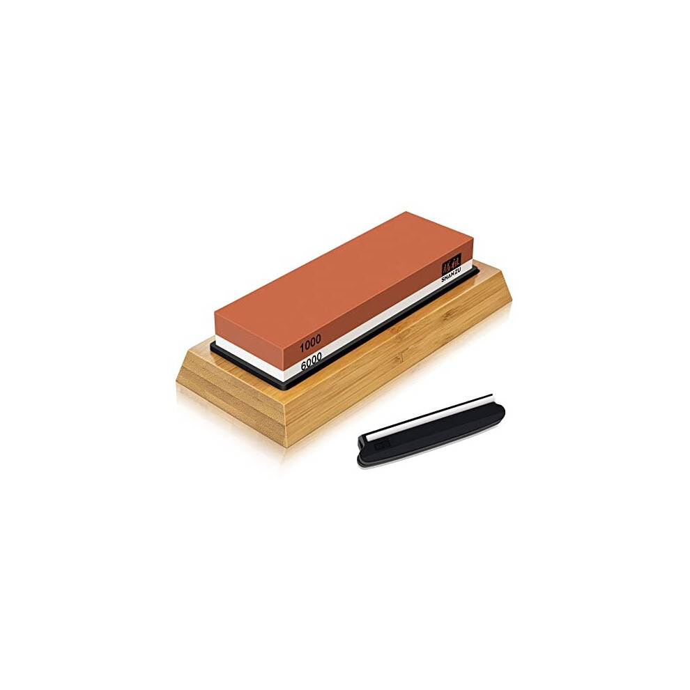 SHAN ZU Sharpening Stone, Whetstone with Angle Guide Non-Slip Bamboo Base grit 1000/6000 Knife Sharpeners, Professional 2-in-1Waterstone