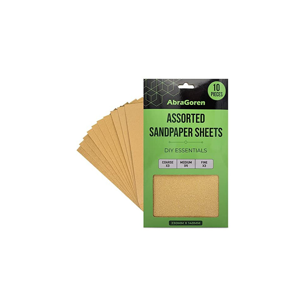 Pack Of 10 Sand Paper Sheets - Mixed Grits, 3X Fine, 4X Medium, 3X Coarse - Assorted Sandpaper For Wood And Walls 5060832030052