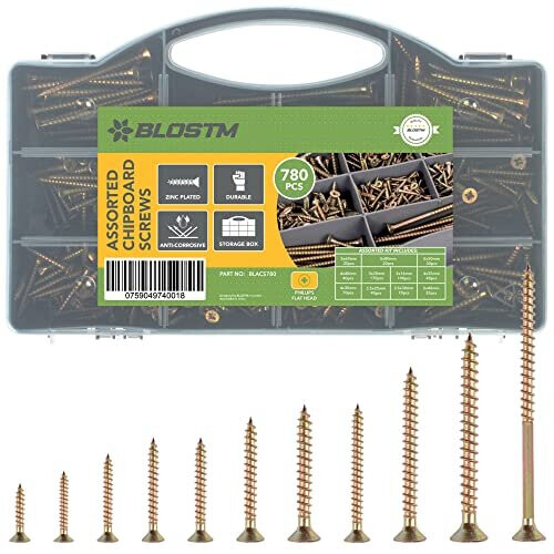 BLOSTM 780PC Wood Screws Assortment - Large Zinc Plated Screw Set, Extra Strong Assorted Screws For Wood Fences, Doors, Floorboard Etc. - Includes
