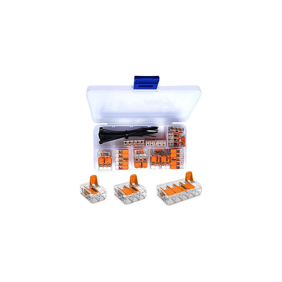 Wago Connectors Set Serie 221 Compact, 25 Pieces, 10X 221-412 | 10X 221-413 | 5X 221-415 With Intervisio Cable Zip Tie 80Mm 4260504581771