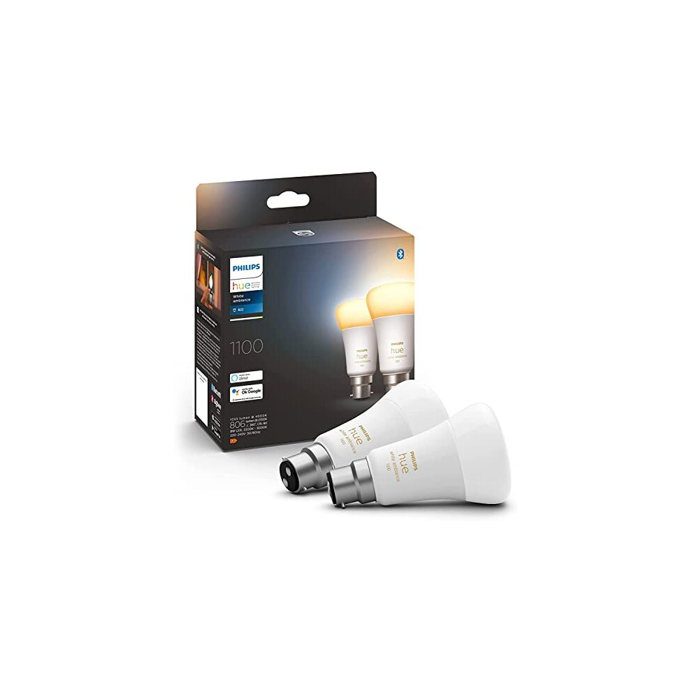 Philips Hue Ambiance Smart Bulb Twin Pack Led [B22 Bayonet Cap] - 1100 Lumens (75W Equivalent). Works With Alexa, Google Assistant And Apple White