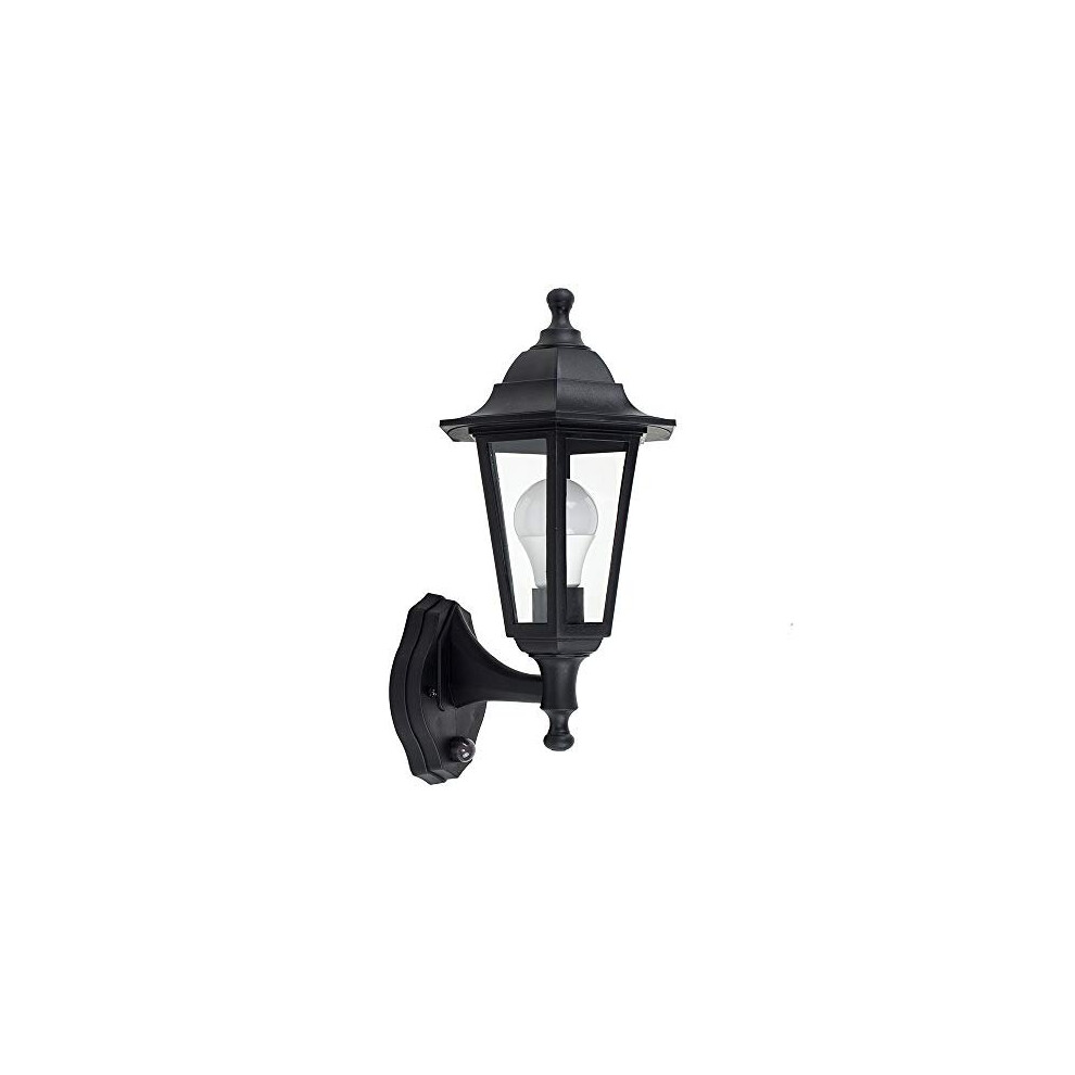 MiniSun Pair of Traditional Style Black Outdoor Security PIR Motion Sensor IP44 Rated Wall Light Lanterns - Complete with 10w LED GLS Bulbs [3000K