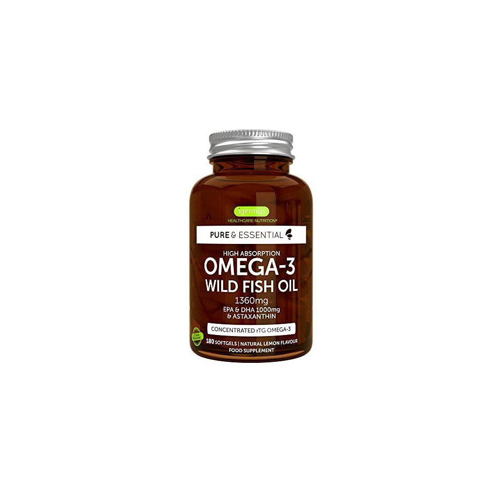 Pure & Essential High Absorption Omega-3 Wild Fish Oil 1360mg | 1000mg EPA/DHA + 1mg Astaxanthin, Lemon Flavour, 180 Capsules