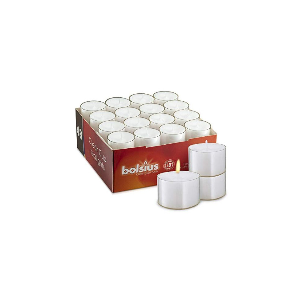 BOLSIUS Genuine Tea Light Candles in Clear Holder Cups Bulk 48 Set Long Burning 8hr, Unscented, for Mood, Dinners, Parities, Home, Decoration,