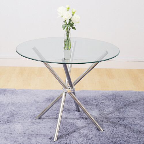 Living And Home Round Tempered Glass Dining Table with Crossover Legs