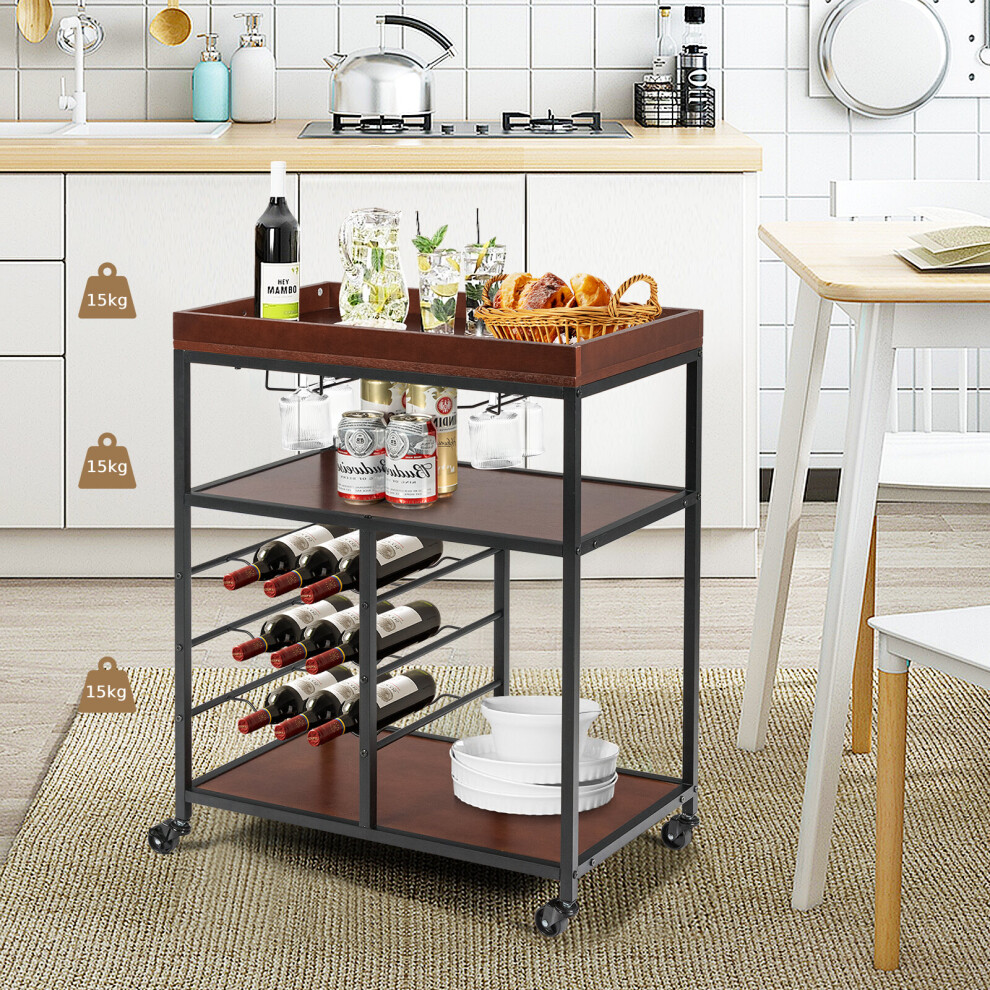 Kitchen Island Cart 3-Tier Rolling Bar Serving Trolley With Wine Rack