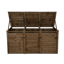 (Triple, Rustic Brown) Wooden Wheelie Bin Storage Pressure Treated Garden Recycling Store Lid Shed Outdoor Trash Cover