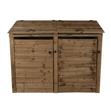 (Double, Rustic Brown) Wooden Wheelie Bin Storage Pressure Treated Garden Recycling Store Lid Shed Outdoor Trash Cover