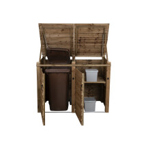 (Double With Shelf, Rustic Brown) Wooden Wheelie Bin Storage Pressure Treated Garden Recycling Store Lid Shed Outdoor Trash Cover