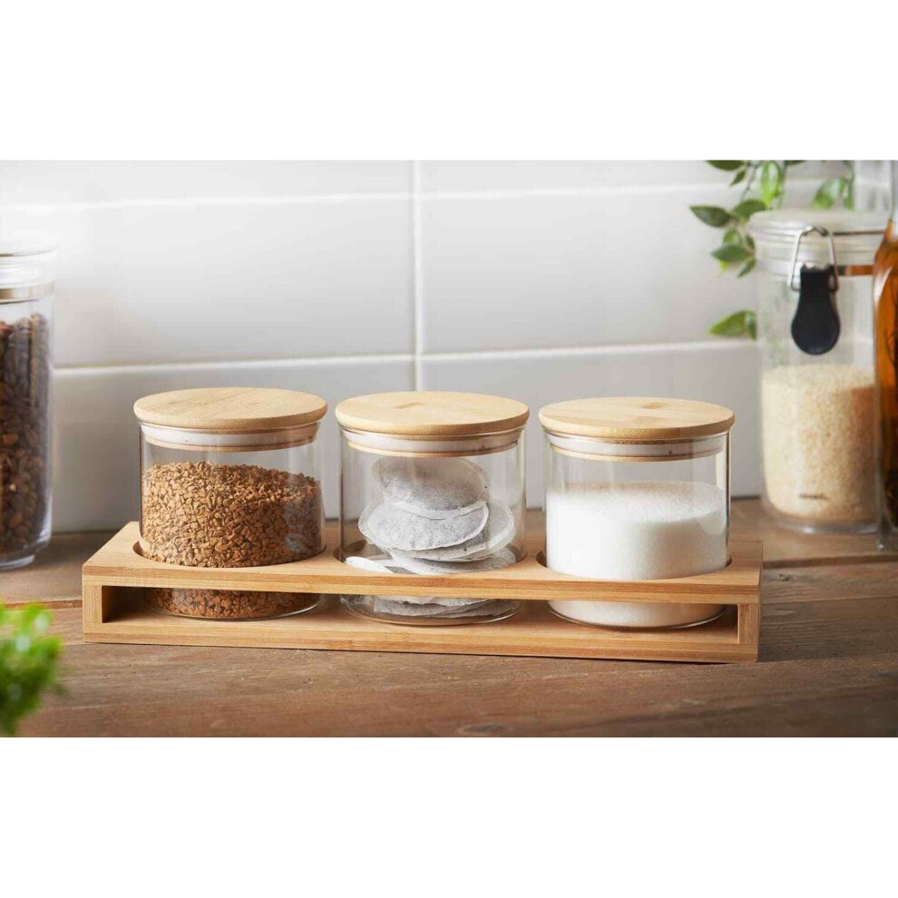 Set Of 3 Glass Tea Coffee Sugar Jars Canisters with Bamboo Stand Kitchen Storage