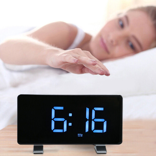 (Blue) Curved LED Snooze Alarm Clock Dimmer Sleep Timer