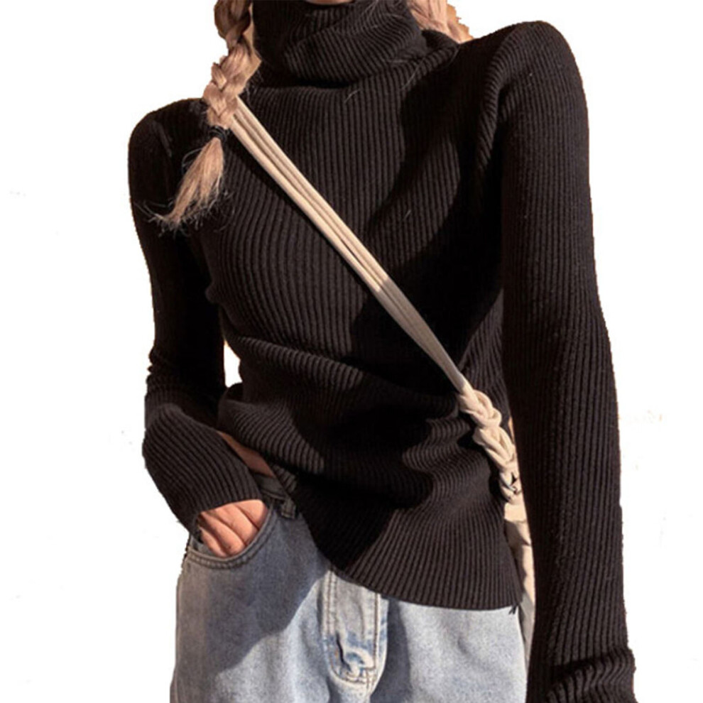 (BLACK, L) Women's Slim Turtleneck Jumper