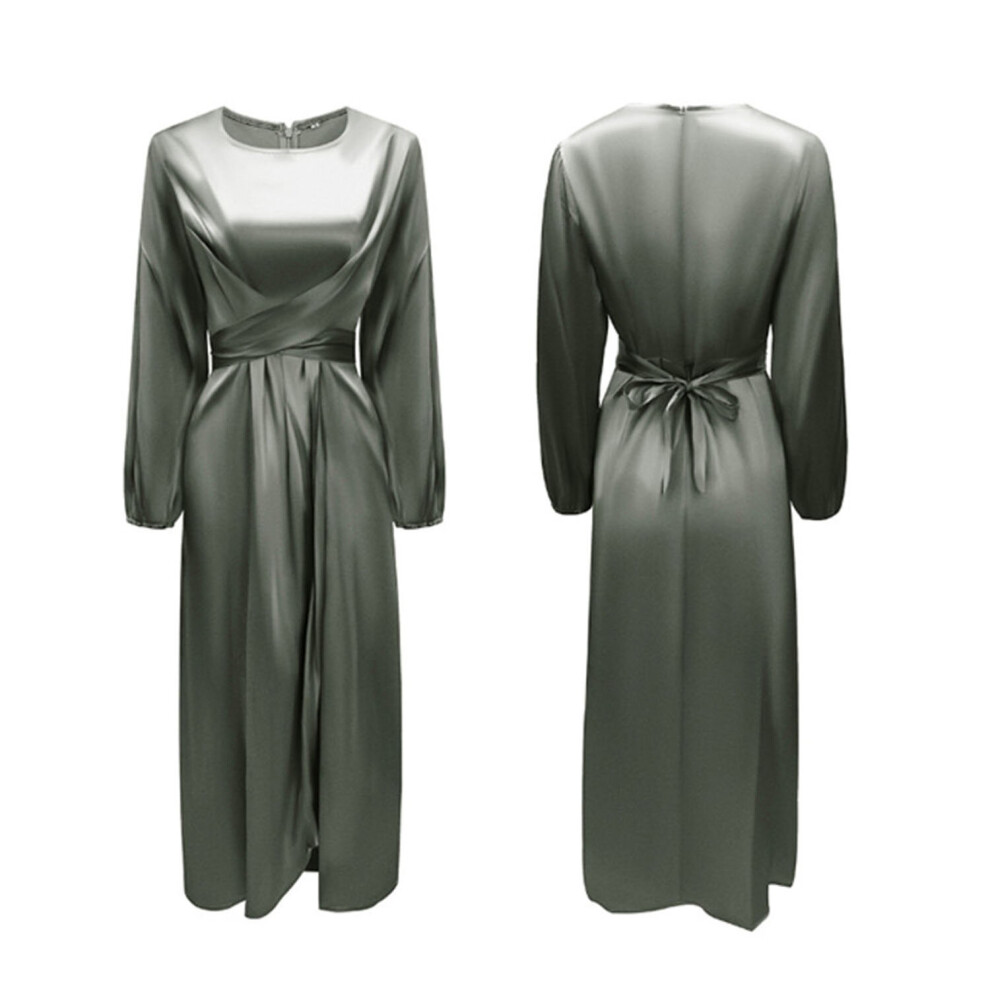 (green, S) Satin Wrapped Long Sleeve Dress