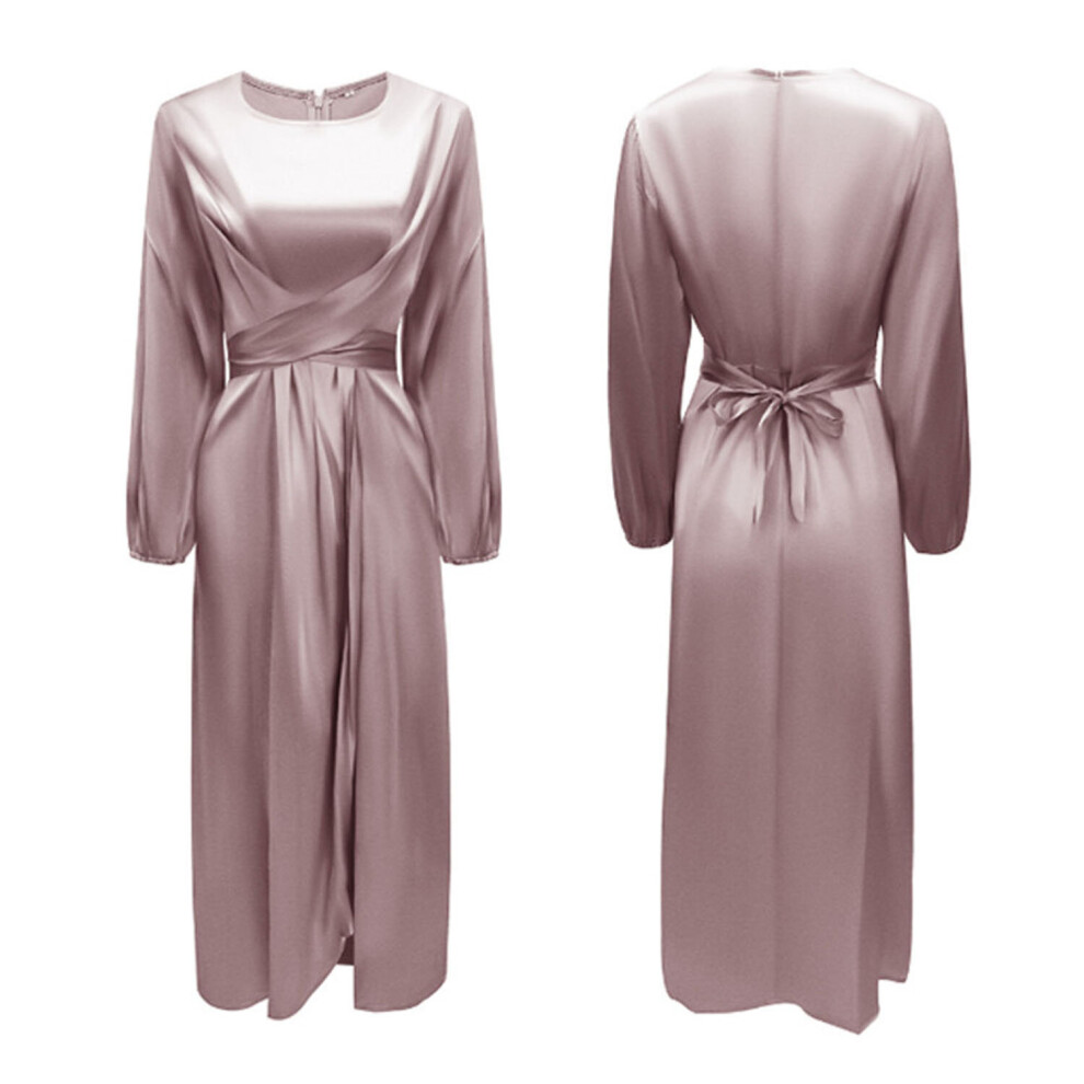 (pink, M) Satin Wrapped Long Sleeve Dress